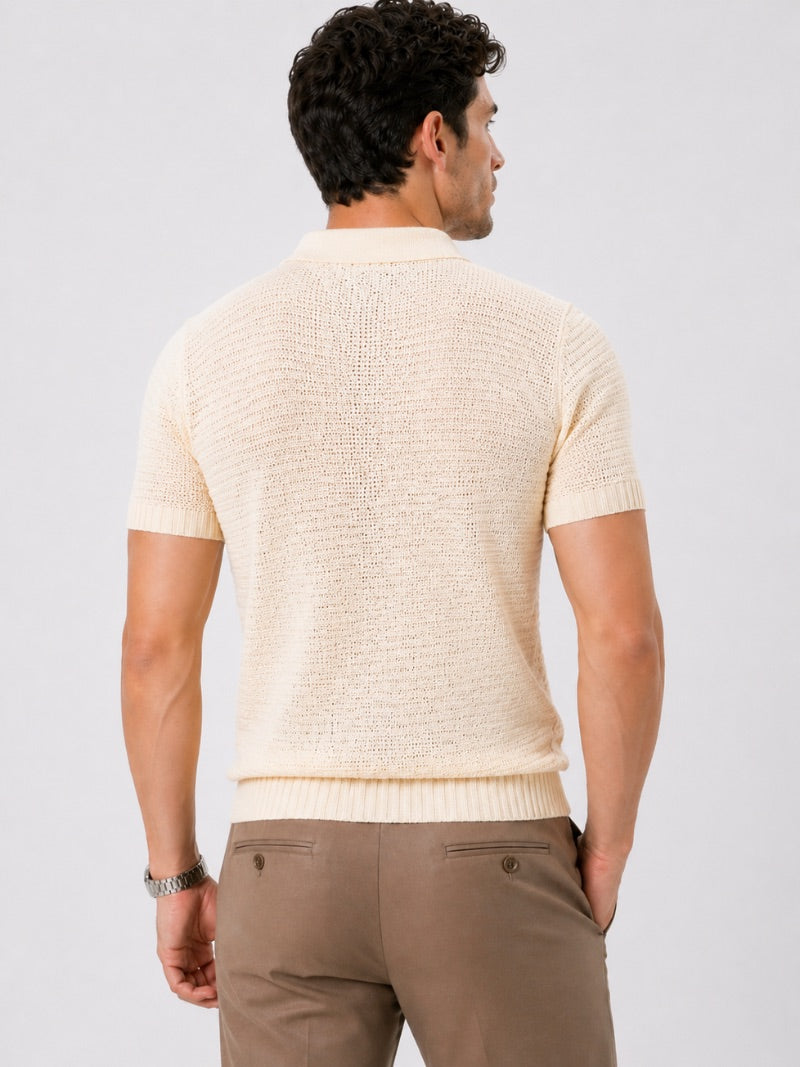 Men’s Knit Polo Shirt Lightweight Tailored Summer Top for Casual Quiet Luxury Coastal Vacation Style
