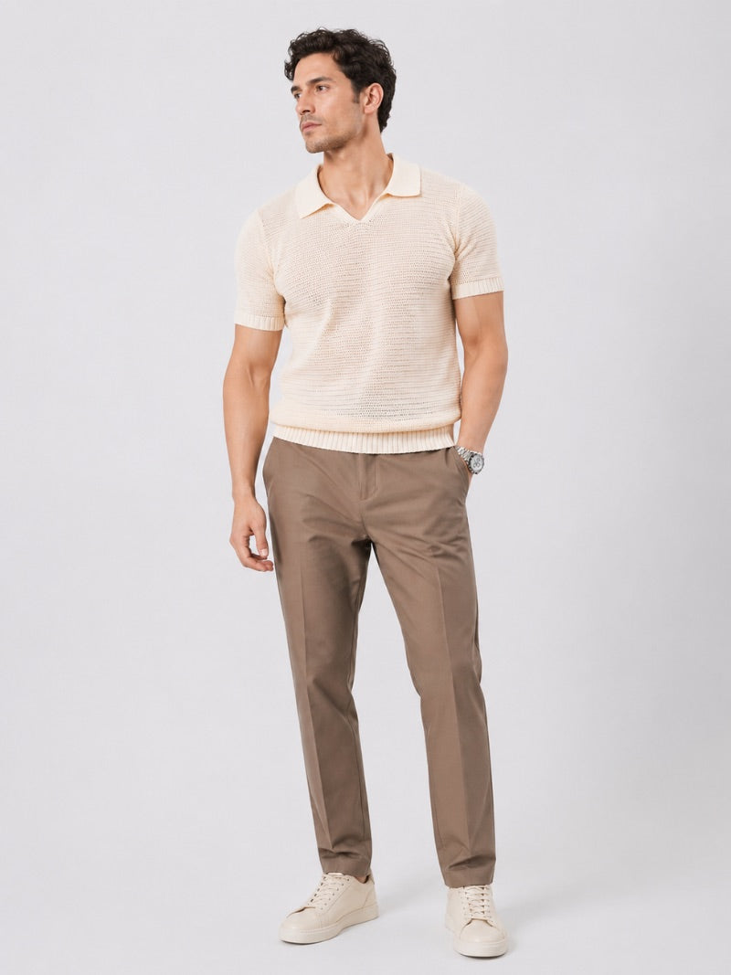 Men’s Knit Polo Shirt Lightweight Tailored Summer Top for Casual Quiet Luxury Coastal Vacation Style