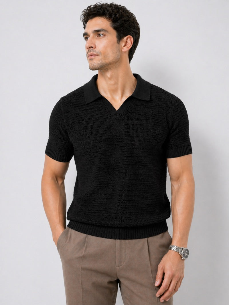Men’s Knit Polo Shirt Lightweight Tailored Summer Top for Casual Quiet Luxury Coastal Vacation Style