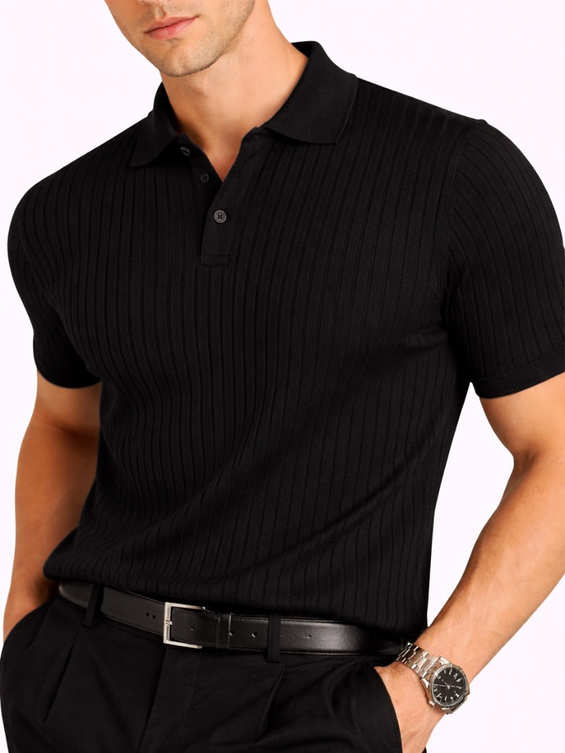 Men’s Ribbed Knit Polo Shirt Lightweight Refined Summer Top Tailored Smart Casual Jumper Polo for Vacation and Weekend Wear