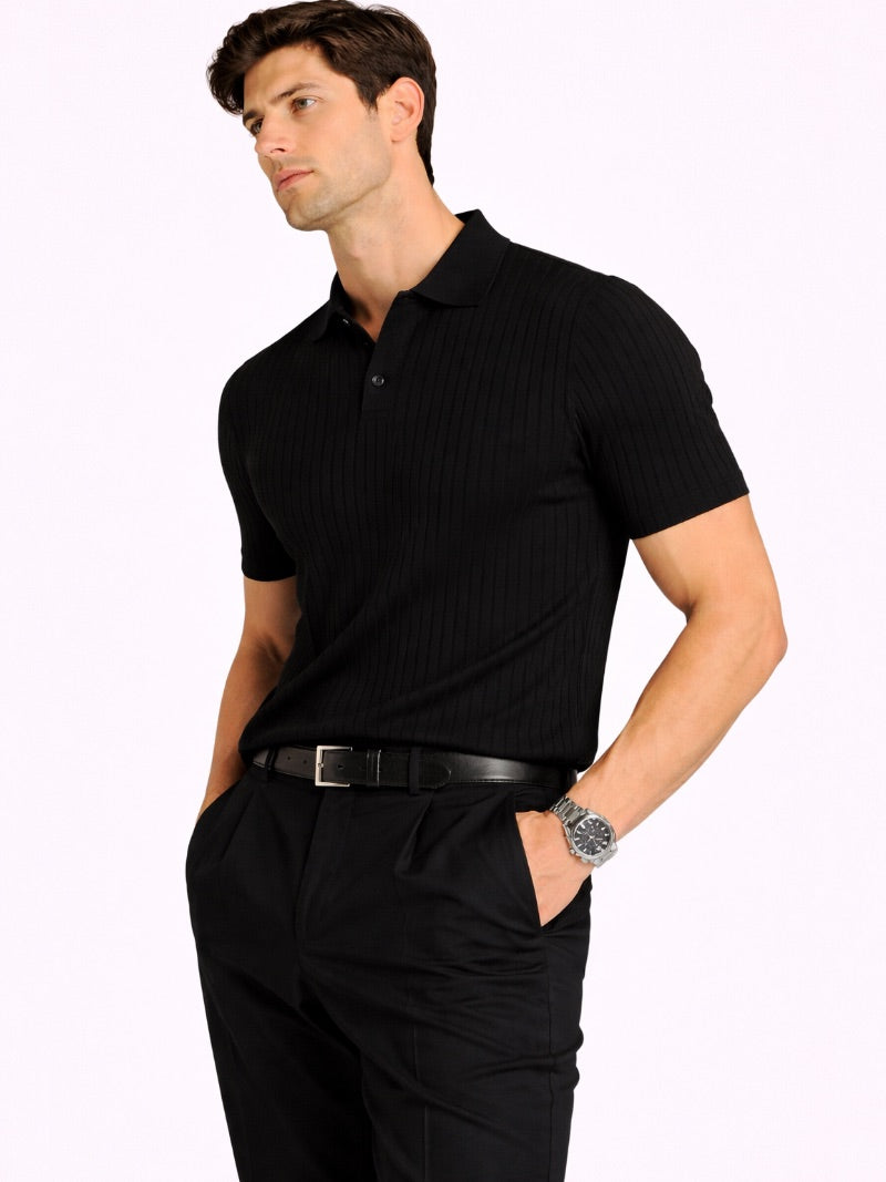 Men’s Ribbed Knit Polo Shirt Lightweight Refined Summer Top Tailored Smart Casual Jumper Polo for Vacation and Weekend Wear