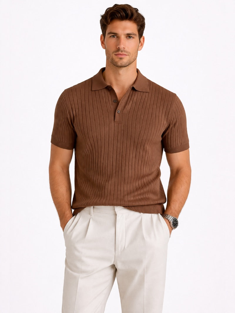 Men’s Ribbed Knit Polo Shirt Lightweight Refined Summer Top Tailored Smart Casual Jumper Polo for Vacation and Weekend Wear