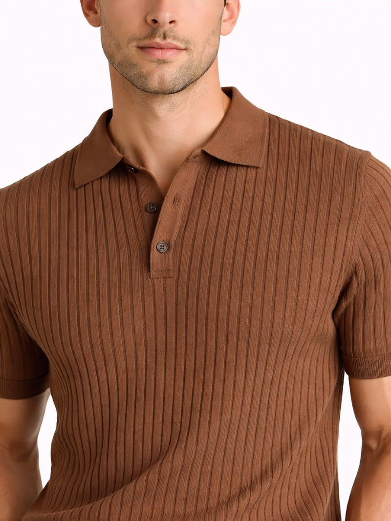 Men’s Ribbed Knit Polo Shirt Lightweight Refined Summer Top Tailored Smart Casual Jumper Polo for Vacation and Weekend Wear