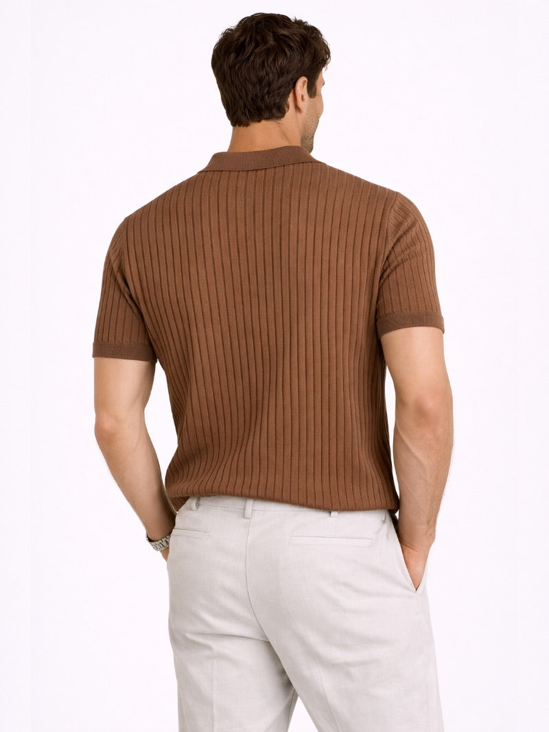Men’s Ribbed Knit Polo Shirt Lightweight Refined Summer Top Tailored Smart Casual Jumper Polo for Vacation and Weekend Wear