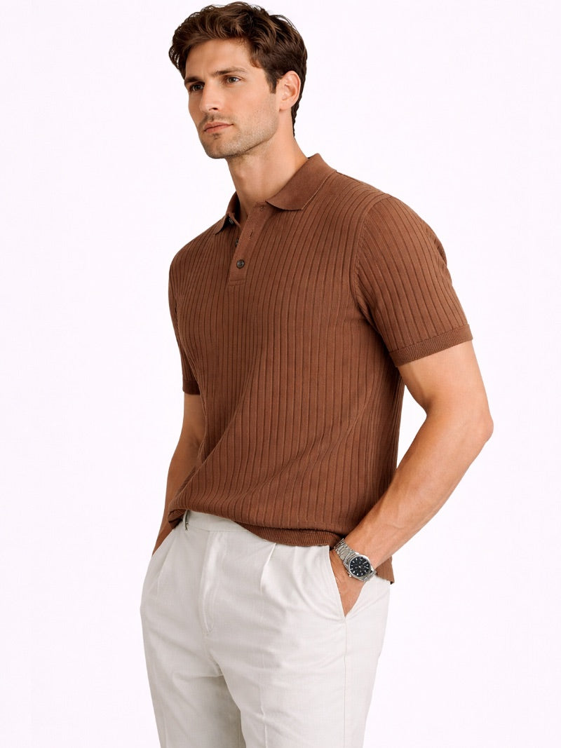 Men’s Ribbed Knit Polo Shirt Lightweight Refined Summer Top Tailored Smart Casual Jumper Polo for Vacation and Weekend Wear