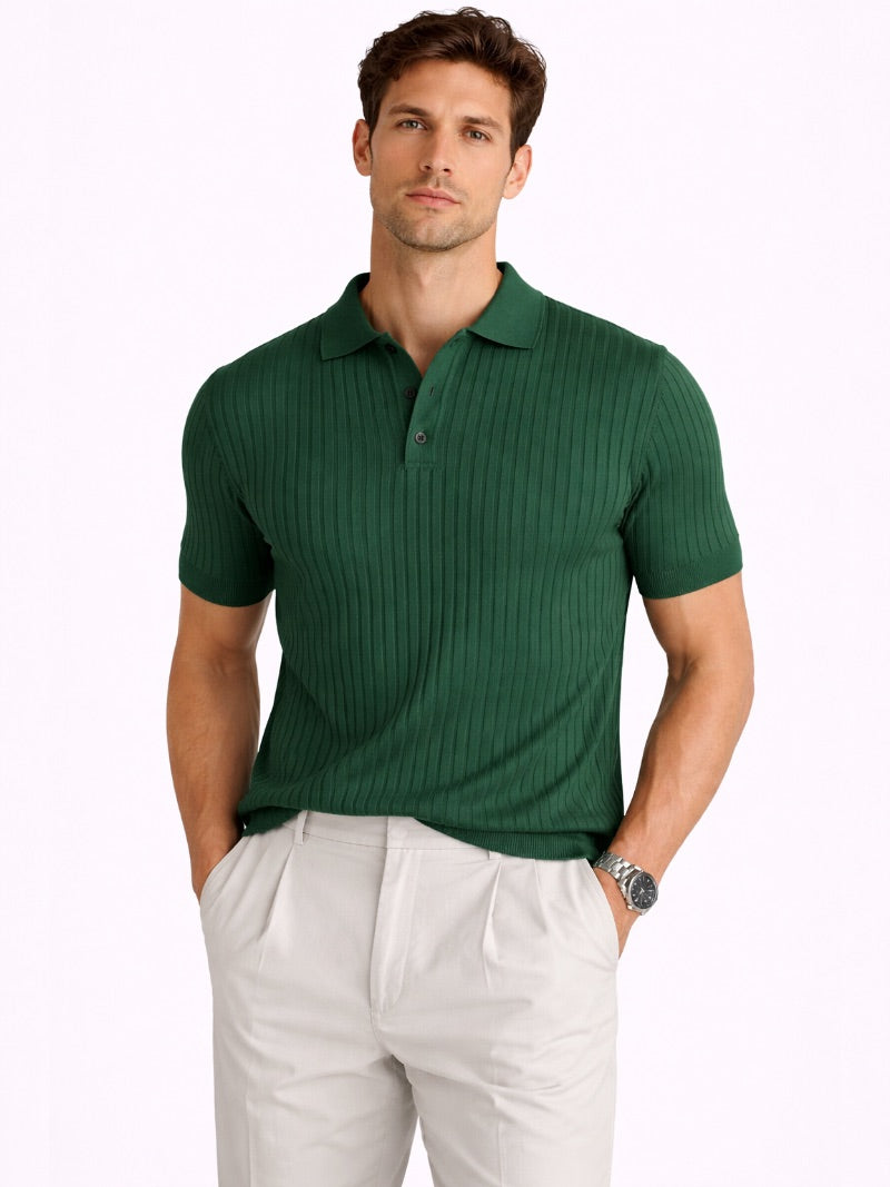 Men’s Ribbed Knit Polo Shirt Lightweight Refined Summer Top Tailored Smart Casual Jumper Polo for Vacation and Weekend Wear