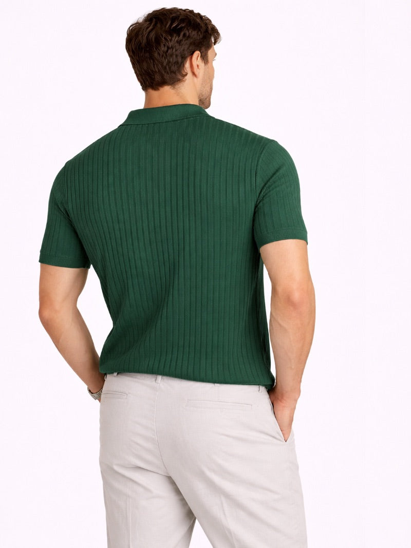 Men’s Ribbed Knit Polo Shirt Lightweight Refined Summer Top Tailored Smart Casual Jumper Polo for Vacation and Weekend Wear