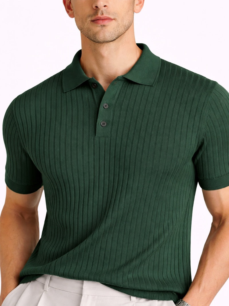 Men’s Ribbed Knit Polo Shirt Lightweight Refined Summer Top Tailored Smart Casual Jumper Polo for Vacation and Weekend Wear