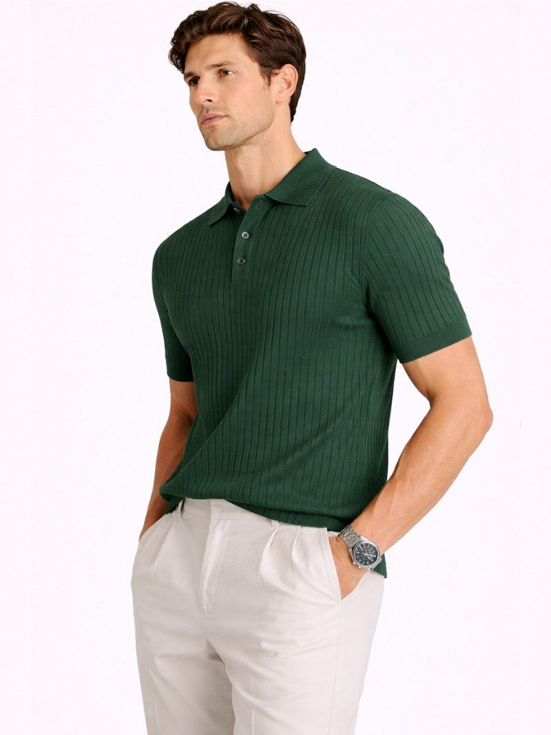 Men’s Ribbed Knit Polo Shirt Lightweight Refined Summer Top Tailored Smart Casual Jumper Polo for Vacation and Weekend Wear