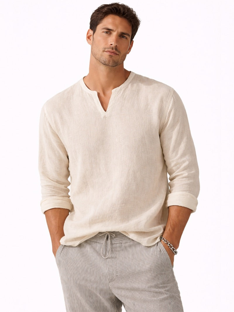 Men’s V-Neck Long Sleeve Shirt Lightweight Breathable Summer Top Casual Essential for Travel and Everyday Wear