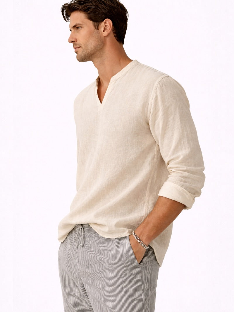 Men’s V-Neck Long Sleeve Shirt Lightweight Breathable Summer Top Casual Essential for Travel and Everyday Wear