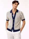 Men’s Navy Striped Knit Polo Shirt Lightweight Smart Casual Summer Jumper Polo Refined Classic Top for Travel and Weekend Wear