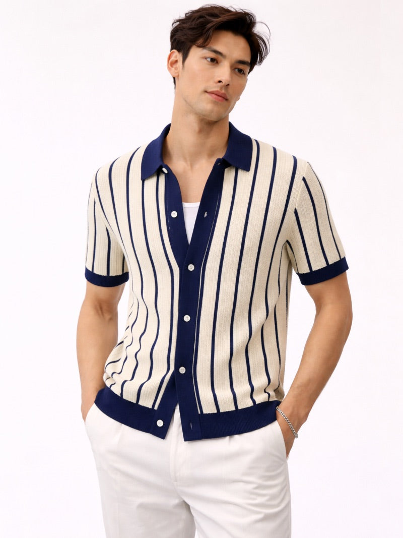 Men’s Navy Striped Knit Polo Shirt Lightweight Smart Casual Summer Jumper Polo Refined Classic Top for Travel and Weekend Wear