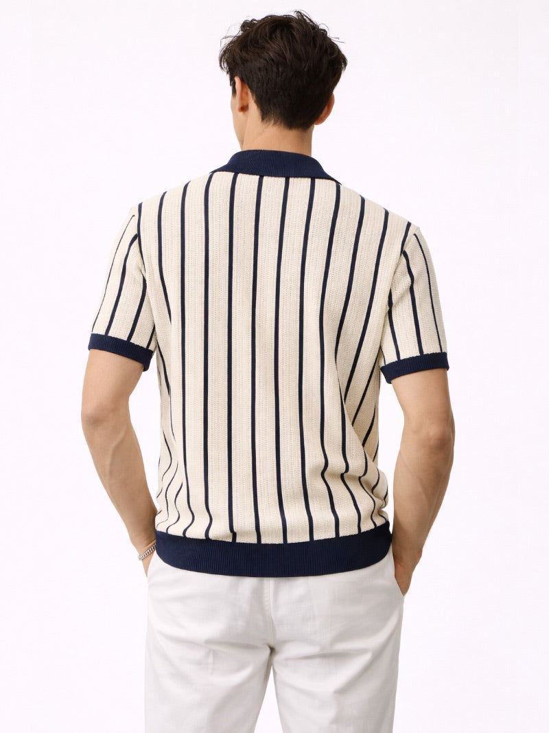 Men’s Navy Striped Knit Polo Shirt Lightweight Smart Casual Summer Jumper Polo Refined Classic Top for Travel and Weekend Wear