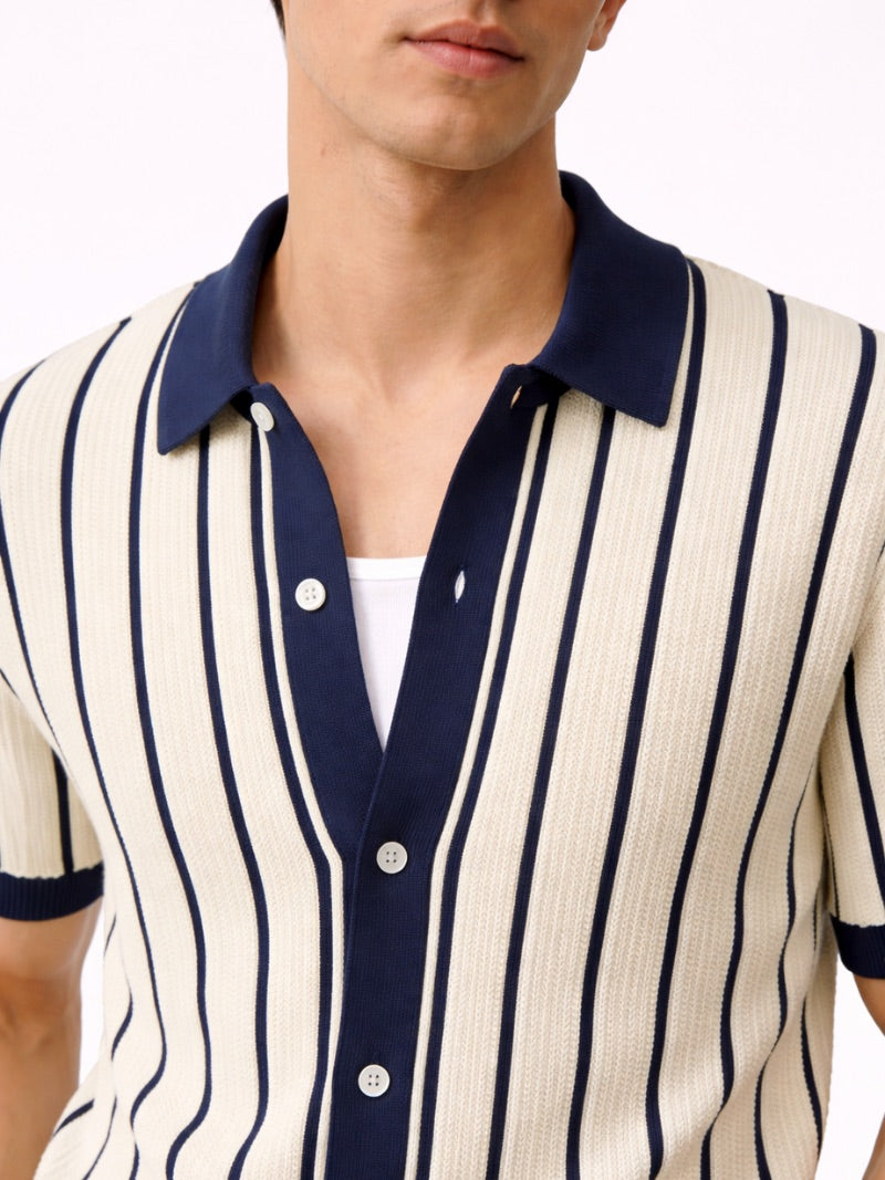 Men’s Navy Striped Knit Polo Shirt Lightweight Smart Casual Summer Jumper Polo Refined Classic Top for Travel and Weekend Wear