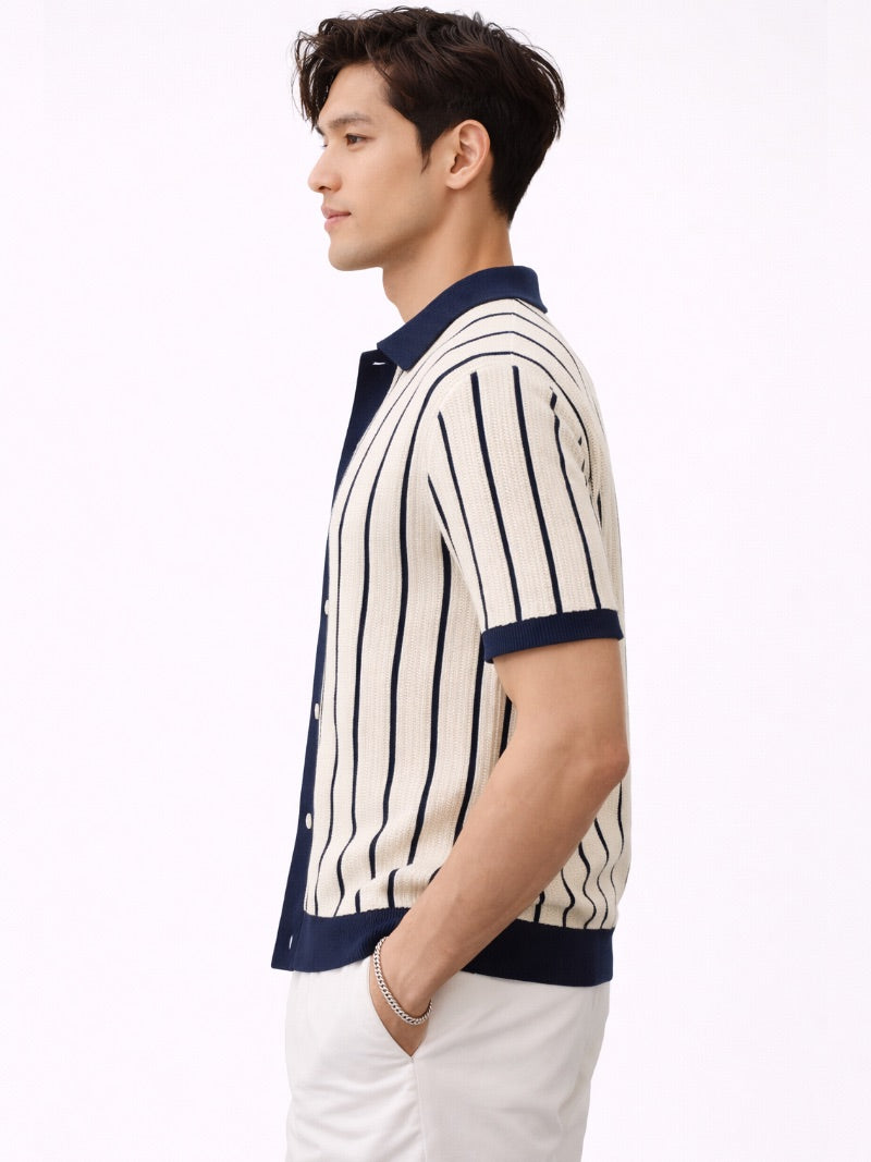 Men’s Navy Striped Knit Polo Shirt Lightweight Smart Casual Summer Jumper Polo Refined Classic Top for Travel and Weekend Wear
