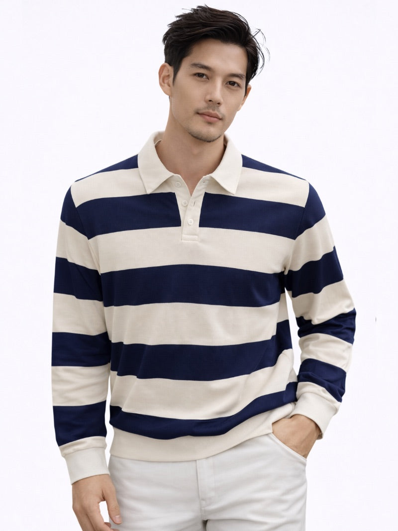 Men’s Striped Rugby Polo Shirt Long Sleeve Classic Fit Heritage Cotton Top Casual Ivy Style Essential for Weekend and Campus Wear