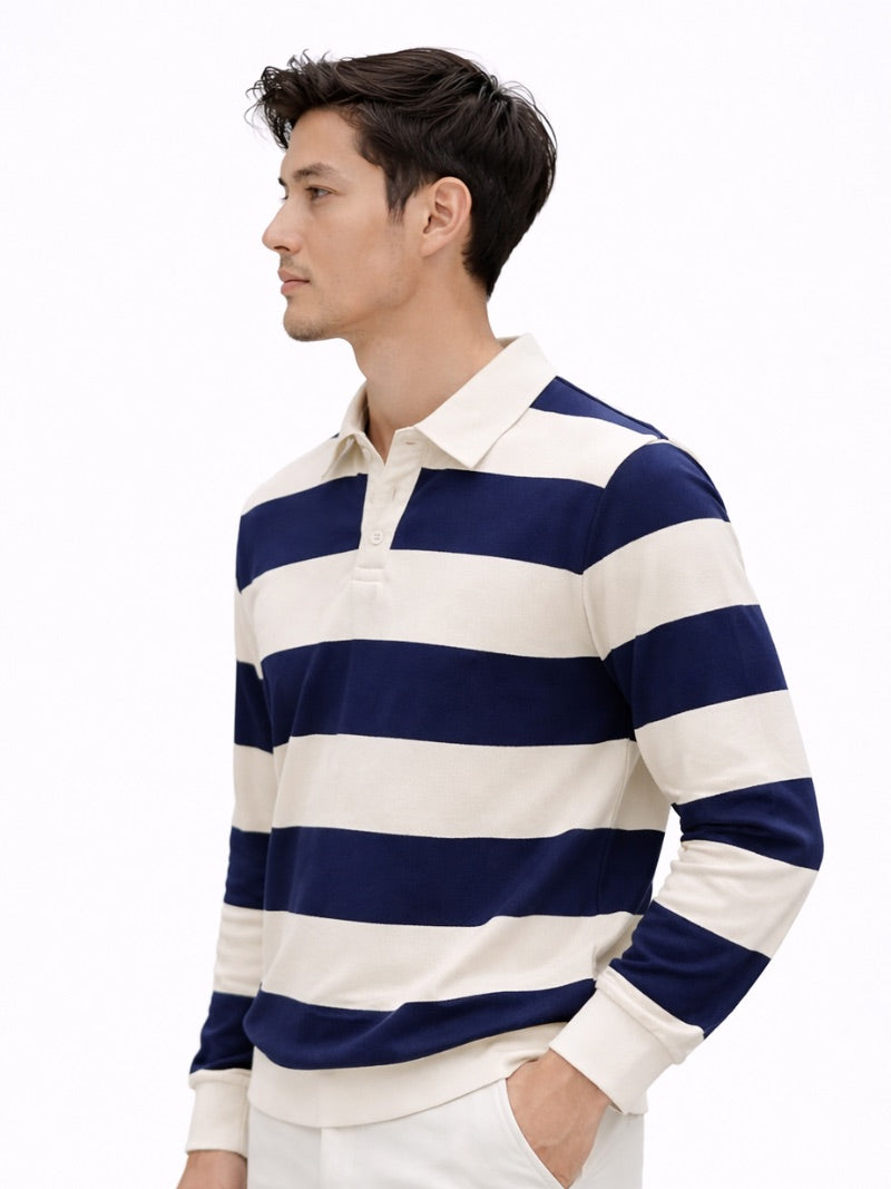 Men’s Striped Rugby Polo Shirt Long Sleeve Classic Fit Heritage Cotton Top Casual Ivy Style Essential for Weekend and Campus Wear