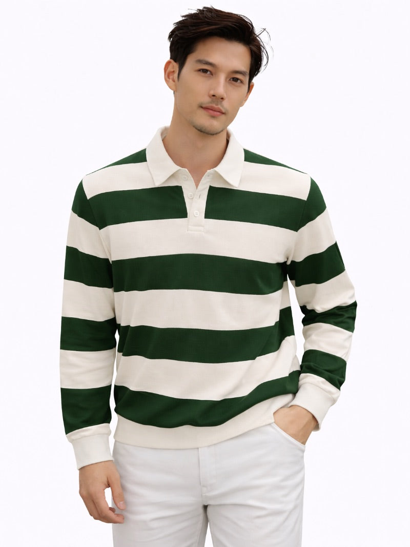 Men’s Striped Rugby Polo Shirt Long Sleeve Classic Fit Heritage Cotton Top Casual Ivy Style Essential for Weekend and Campus Wear