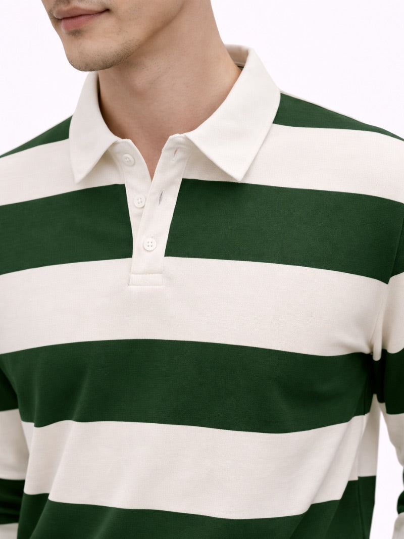 Men’s Striped Rugby Polo Shirt Long Sleeve Classic Fit Heritage Cotton Top Casual Ivy Style Essential for Weekend and Campus Wear