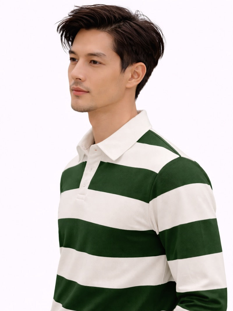 Men’s Striped Rugby Polo Shirt Long Sleeve Classic Fit Heritage Cotton Top Casual Ivy Style Essential for Weekend and Campus Wear