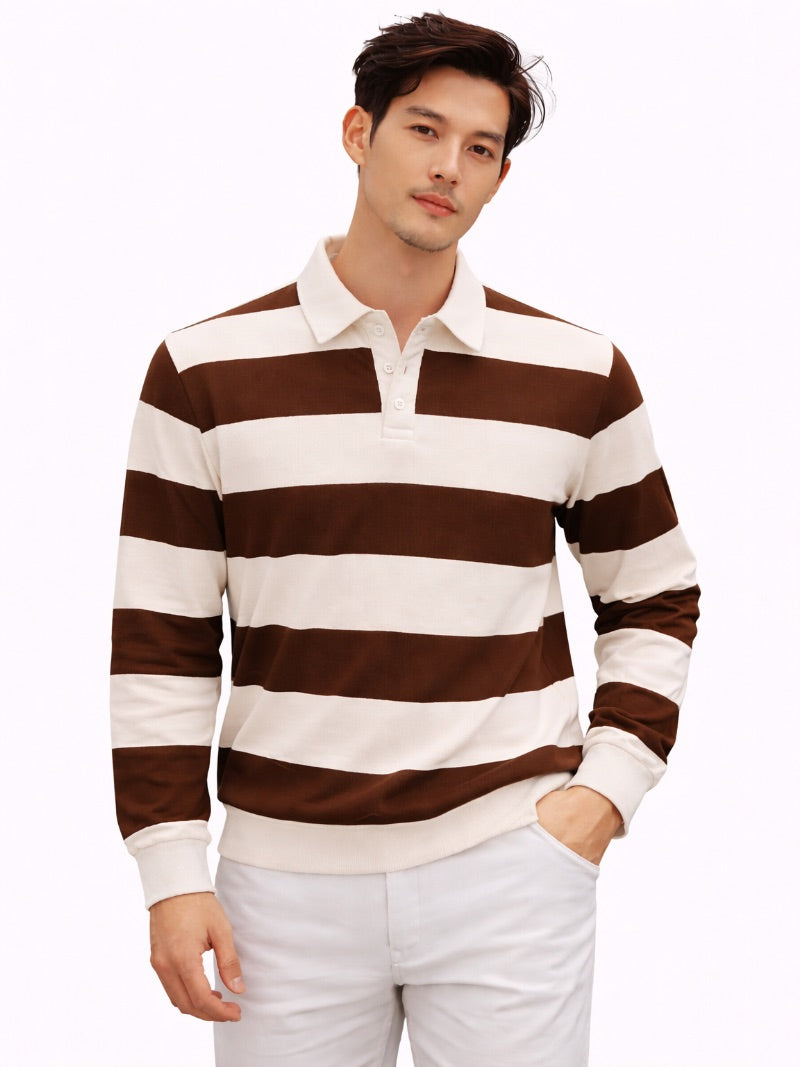 Men’s Striped Rugby Polo Shirt Long Sleeve Classic Fit Heritage Cotton Top Casual Ivy Style Essential for Weekend and Campus Wear