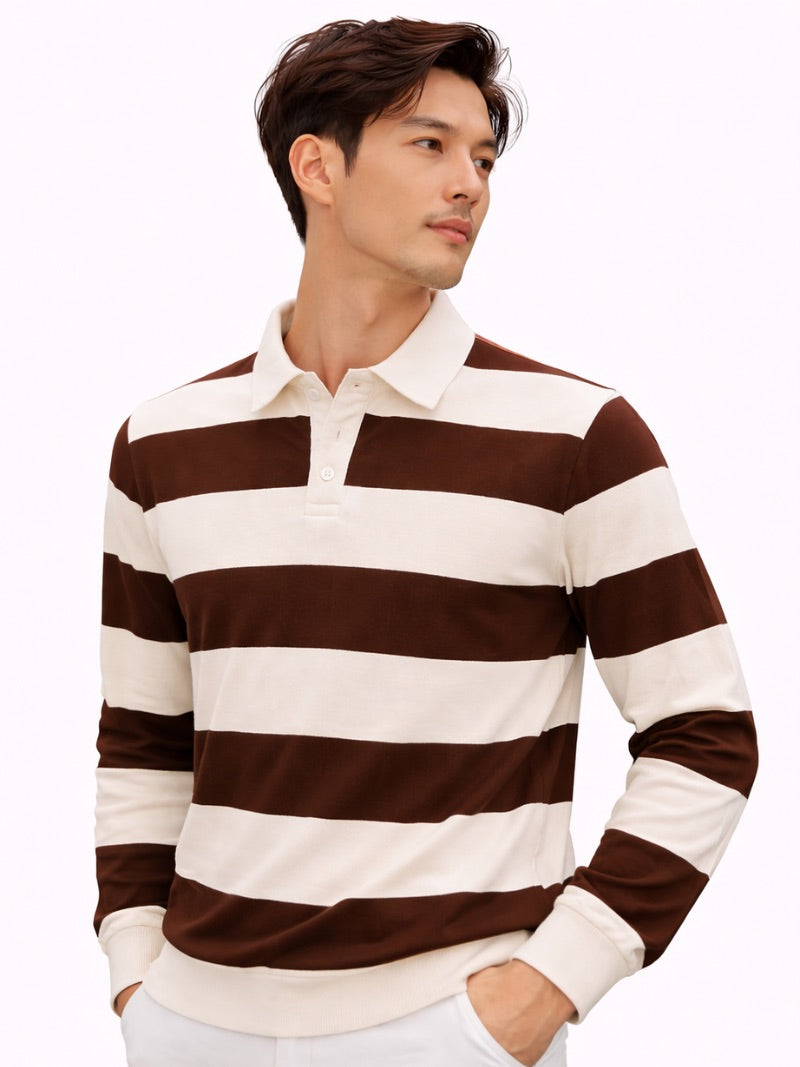 Men’s Striped Rugby Polo Shirt Long Sleeve Classic Fit Heritage Cotton Top Casual Ivy Style Essential for Weekend and Campus Wear