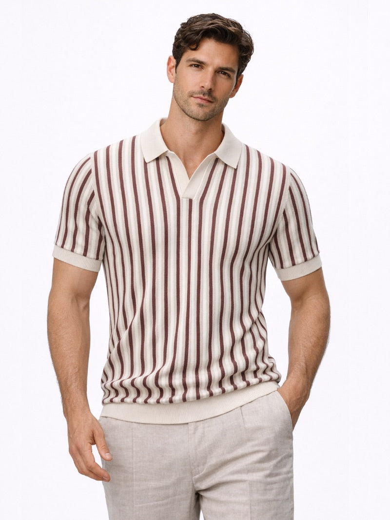 Men’s Striped Open Collar Knit Polo Shirt Lightweight Summer Old Money Style for Vacation and Weekend Wear
