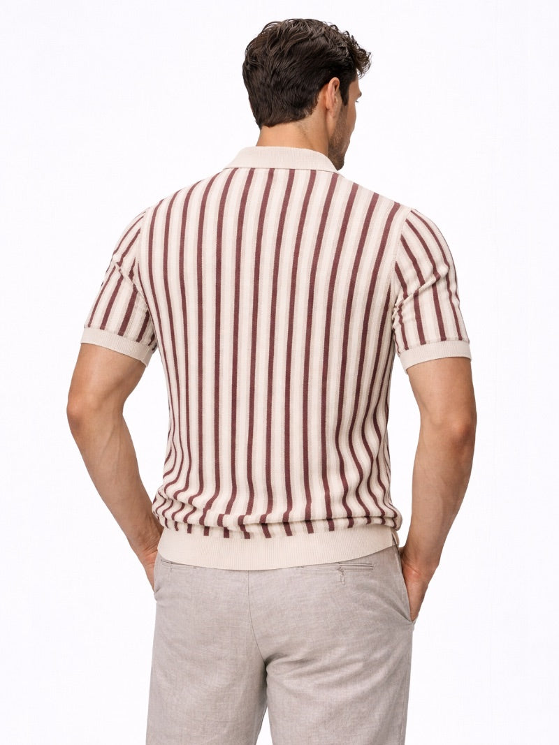 Men’s Striped Open Collar Knit Polo Shirt Lightweight Summer Old Money Style for Vacation and Weekend Wear