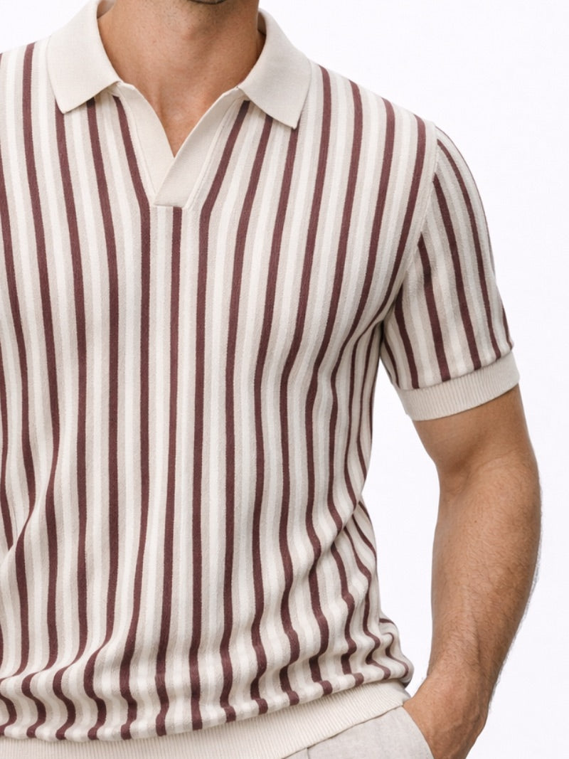 Men’s Striped Open Collar Knit Polo Shirt Lightweight Summer Old Money Style for Vacation and Weekend Wear