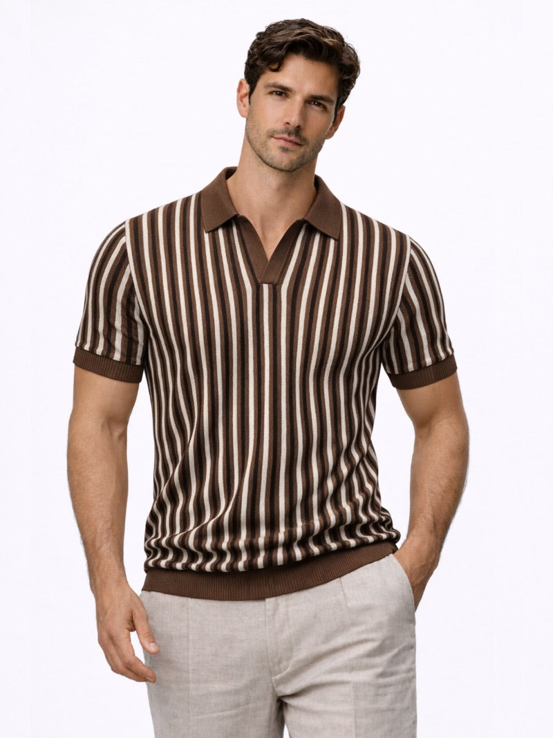 Men’s Striped Open Collar Knit Polo Shirt Lightweight Summer Old Money Style for Vacation and Weekend Wear