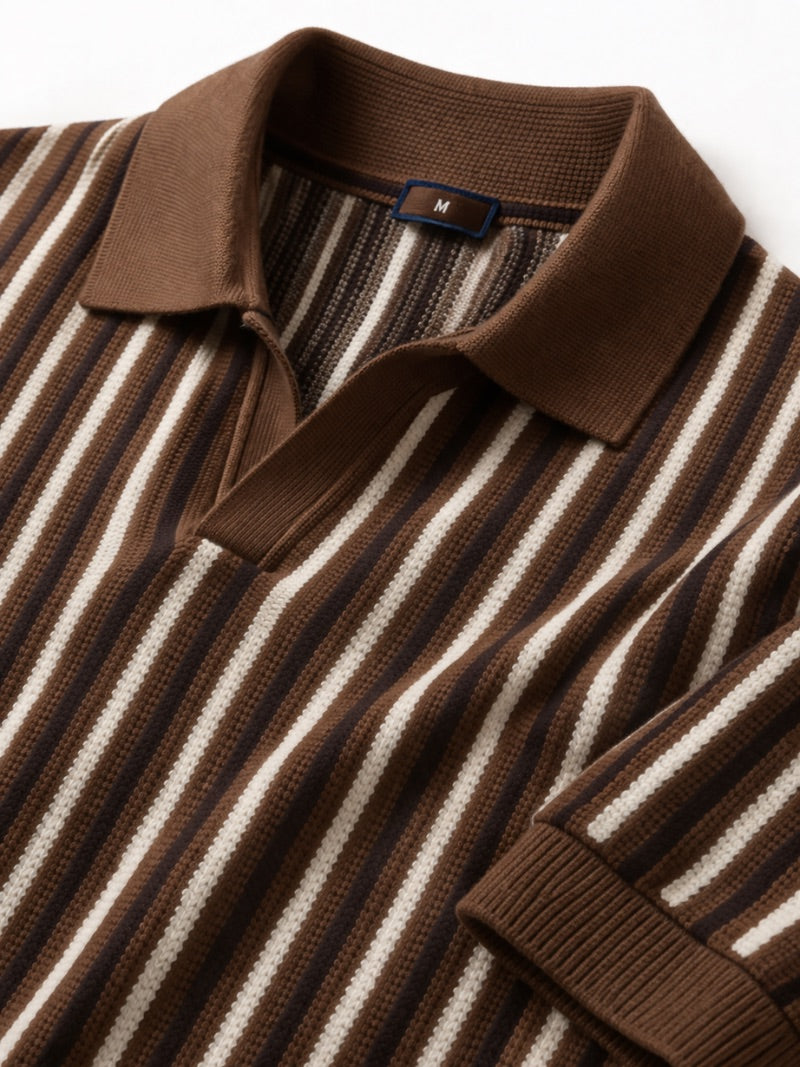 Men’s Striped Open Collar Knit Polo Shirt Lightweight Summer Old Money Style for Vacation and Weekend Wear