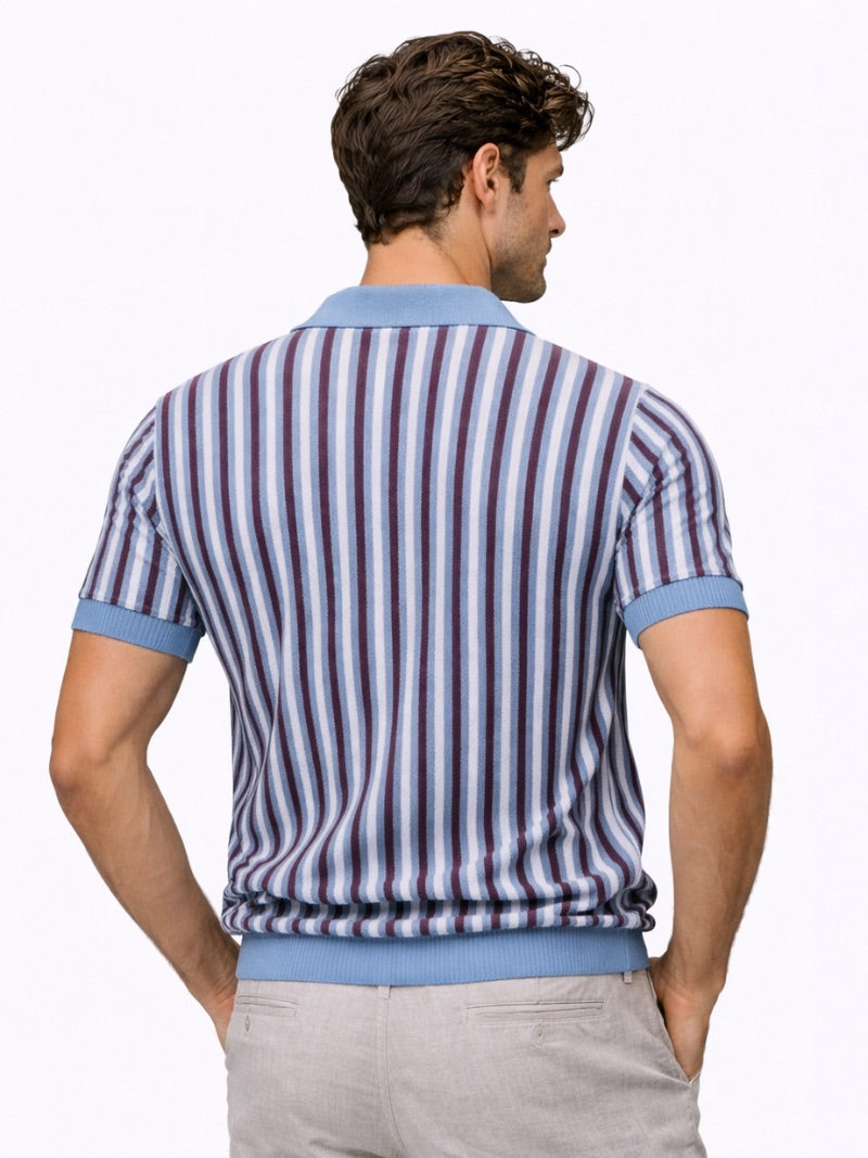 Men’s Striped Open Collar Knit Polo Shirt Lightweight Summer Old Money Style for Vacation and Weekend Wear
