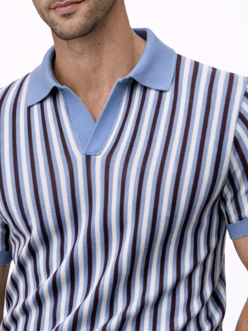 Men’s Striped Open Collar Knit Polo Shirt Lightweight Summer Old Money Style for Vacation and Weekend Wear