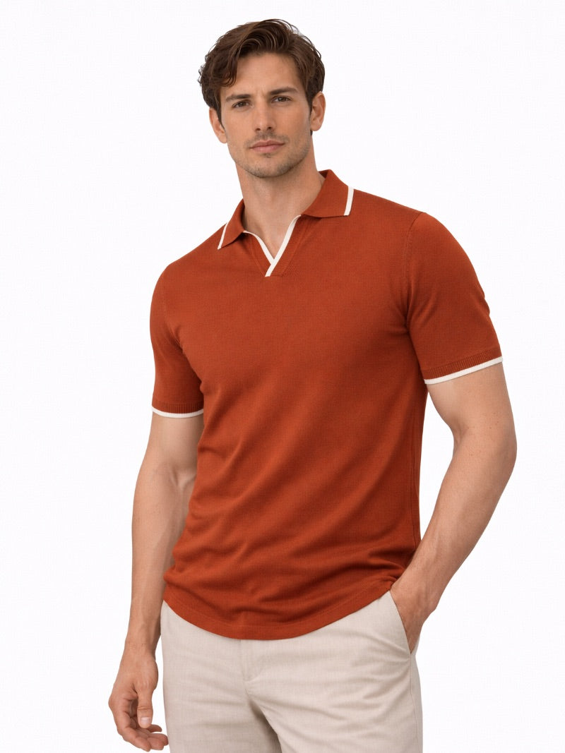 Men’s Johnny Collar Knit Polo Shirt Buttonless Lightweight Smart Casual Jumper Polo Refined Summer Top for Weekend Wear