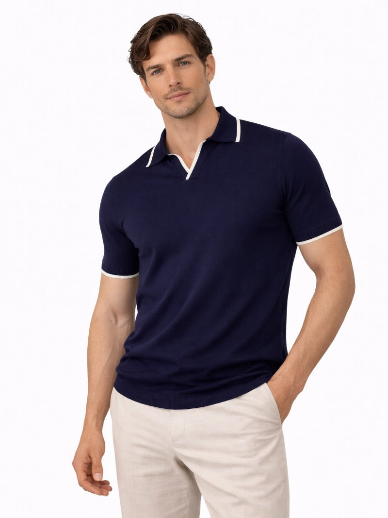 Men’s Johnny Collar Knit Polo Shirt Buttonless Lightweight Smart Casual Jumper Polo Refined Summer Top for Weekend Wear