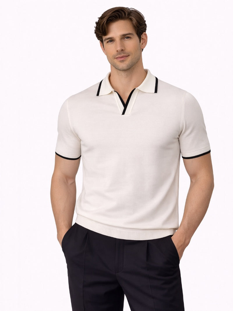Men’s Johnny Collar Knit Polo Shirt Buttonless Lightweight Smart Casual Jumper Polo Refined Summer Top for Weekend Wear