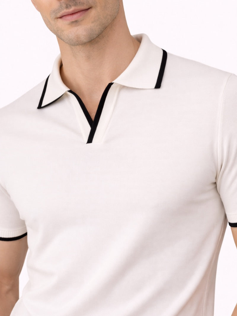 Men’s Johnny Collar Knit Polo Shirt Buttonless Lightweight Smart Casual Jumper Polo Refined Summer Top for Weekend Wear