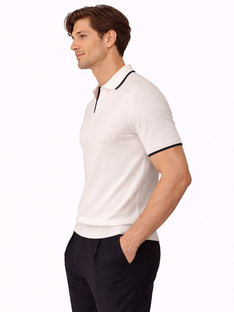 Men’s Johnny Collar Knit Polo Shirt Buttonless Lightweight Smart Casual Jumper Polo Refined Summer Top for Weekend Wear