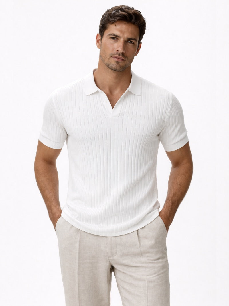 Men’s Open Collar Knit Polo Shirt Slim Fit Premium Lightweight Jumper Polo Refined Smart Casual Summer Top