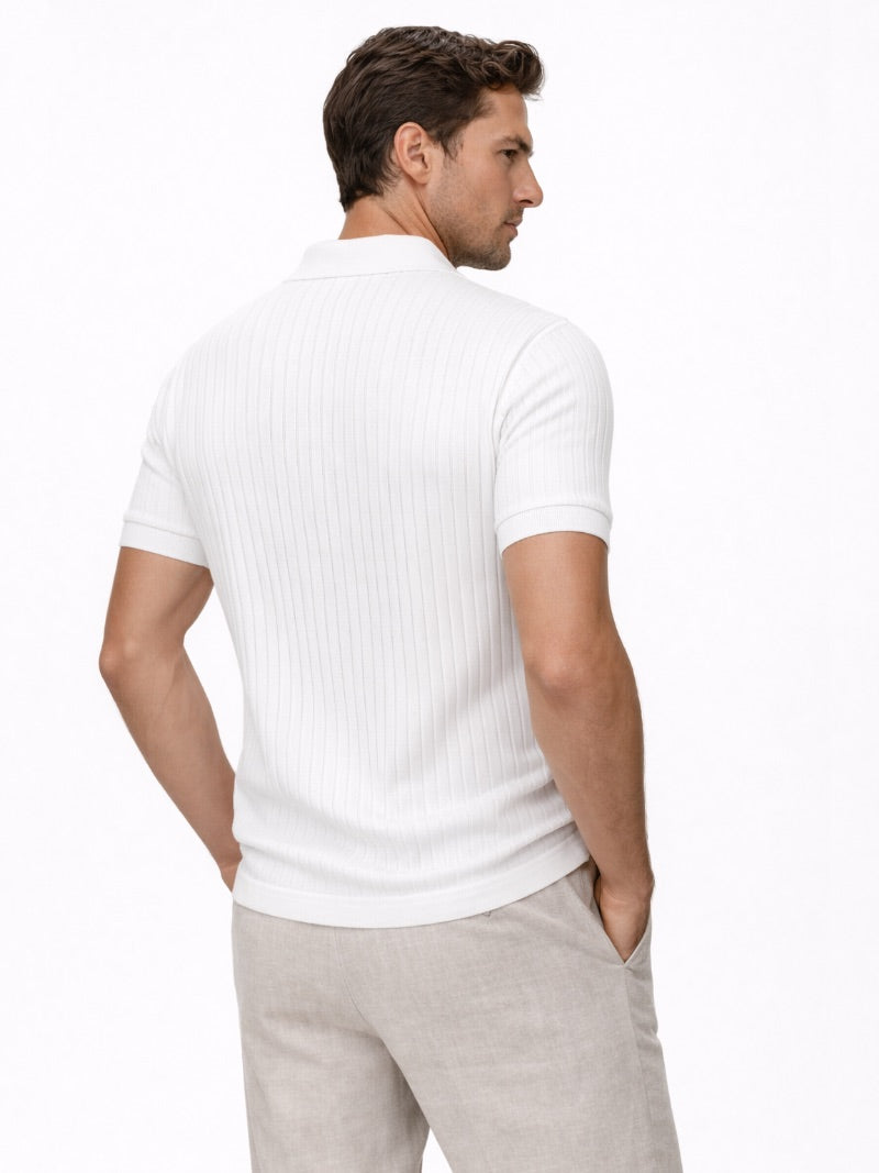 Men’s Open Collar Knit Polo Shirt Slim Fit Premium Lightweight Jumper Polo Refined Smart Casual Summer Top