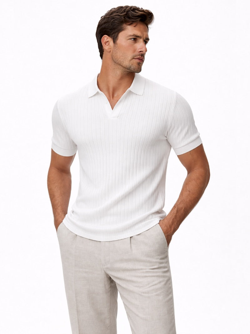 Men’s Open Collar Knit Polo Shirt Slim Fit Premium Lightweight Jumper Polo Refined Smart Casual Summer Top
