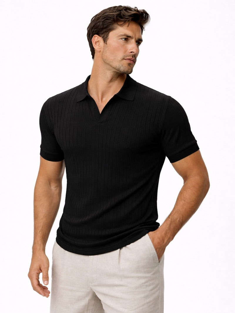 Men’s Open Collar Knit Polo Shirt Slim Fit Premium Lightweight Jumper Polo Refined Smart Casual Summer Top