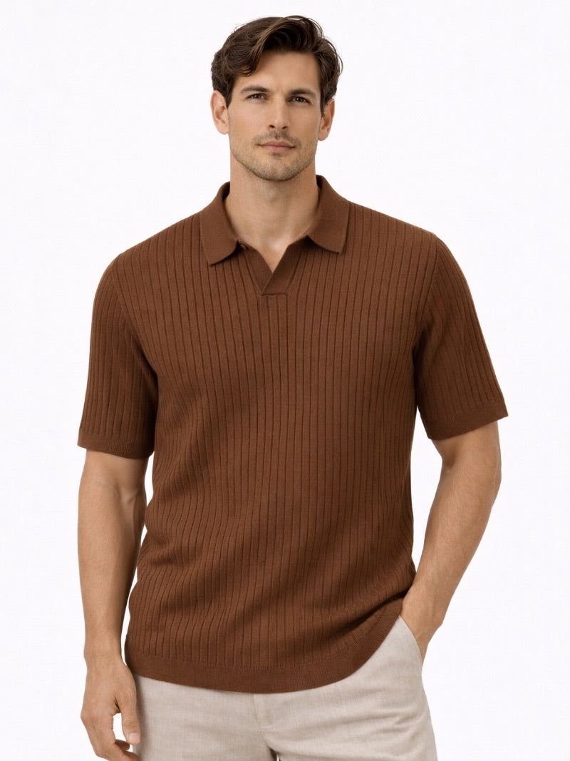 Men’s Open Collar Knit Polo Shirt Slim Fit Premium Lightweight Jumper Polo Refined Smart Casual Summer Top