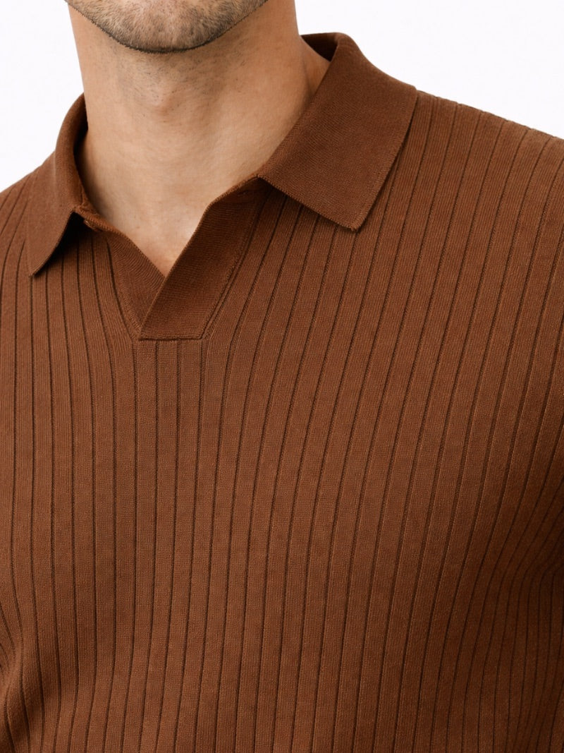 Men’s Open Collar Knit Polo Shirt Slim Fit Premium Lightweight Jumper Polo Refined Smart Casual Summer Top