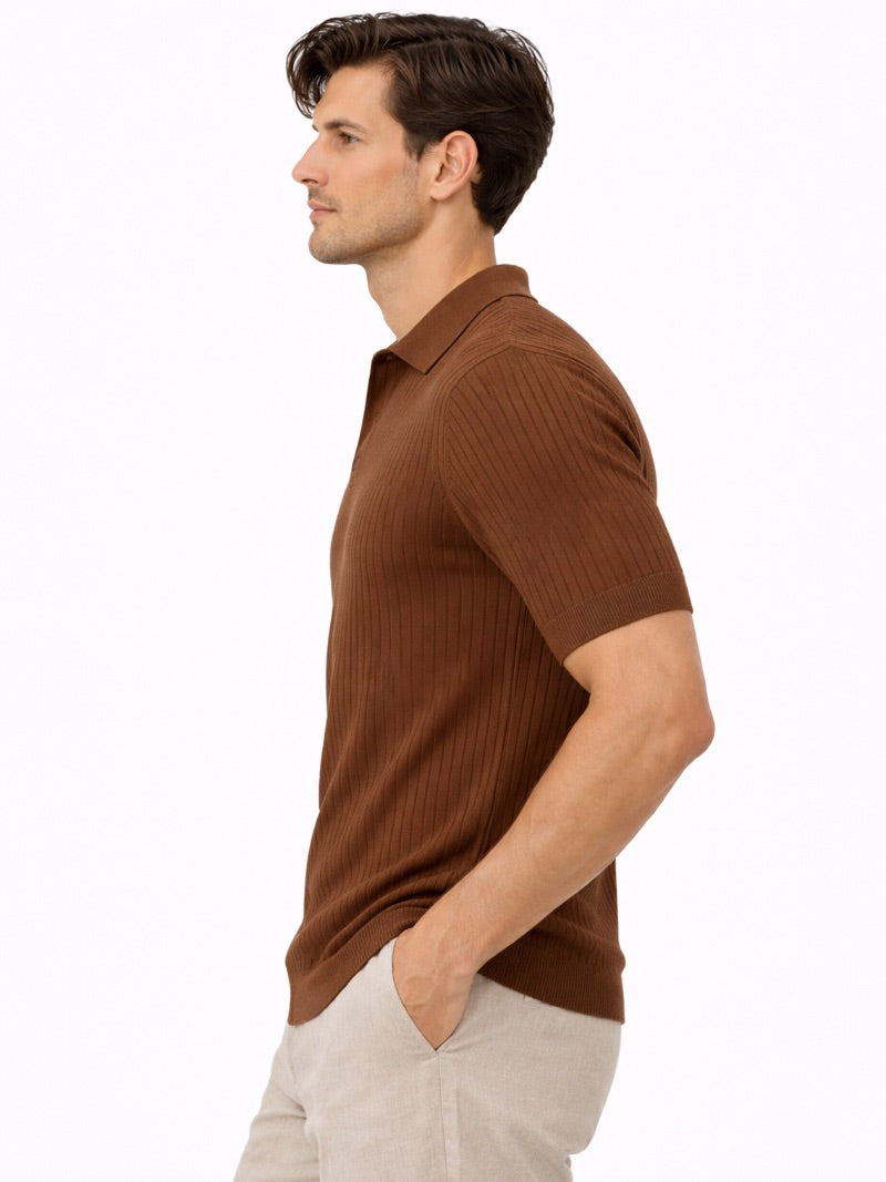 Men’s Open Collar Knit Polo Shirt Slim Fit Premium Lightweight Jumper Polo Refined Smart Casual Summer Top