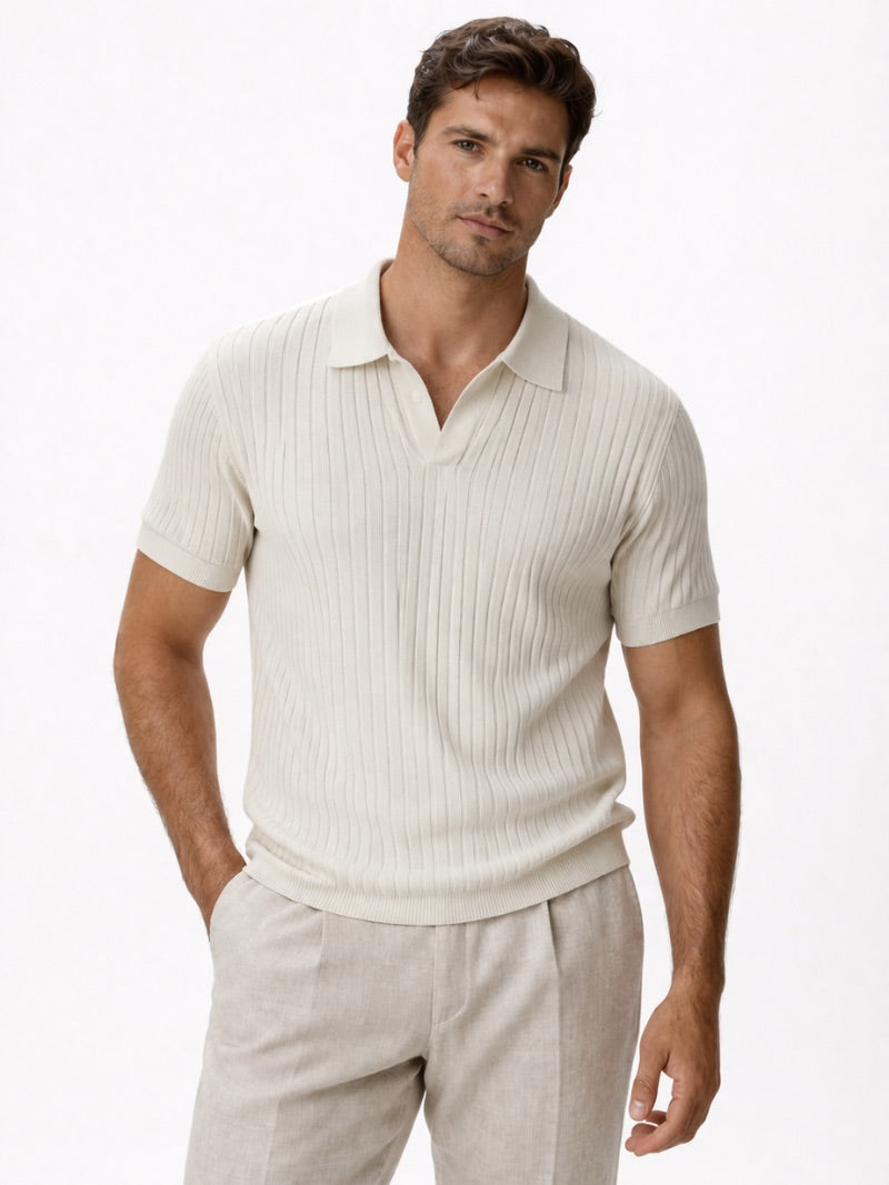 Men’s Open Collar Knit Polo Shirt Slim Fit Premium Lightweight Jumper Polo Refined Smart Casual Summer Top