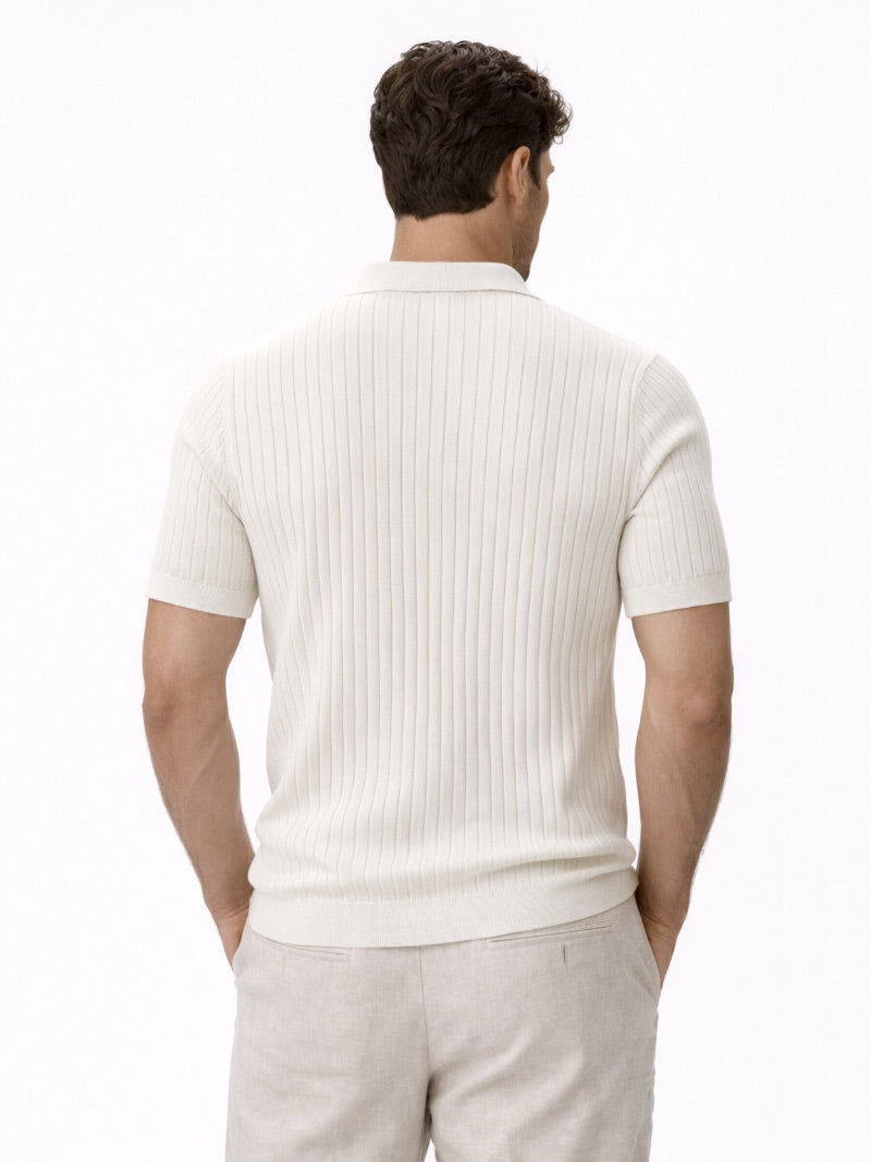 Men’s Open Collar Knit Polo Shirt Slim Fit Premium Lightweight Jumper Polo Refined Smart Casual Summer Top